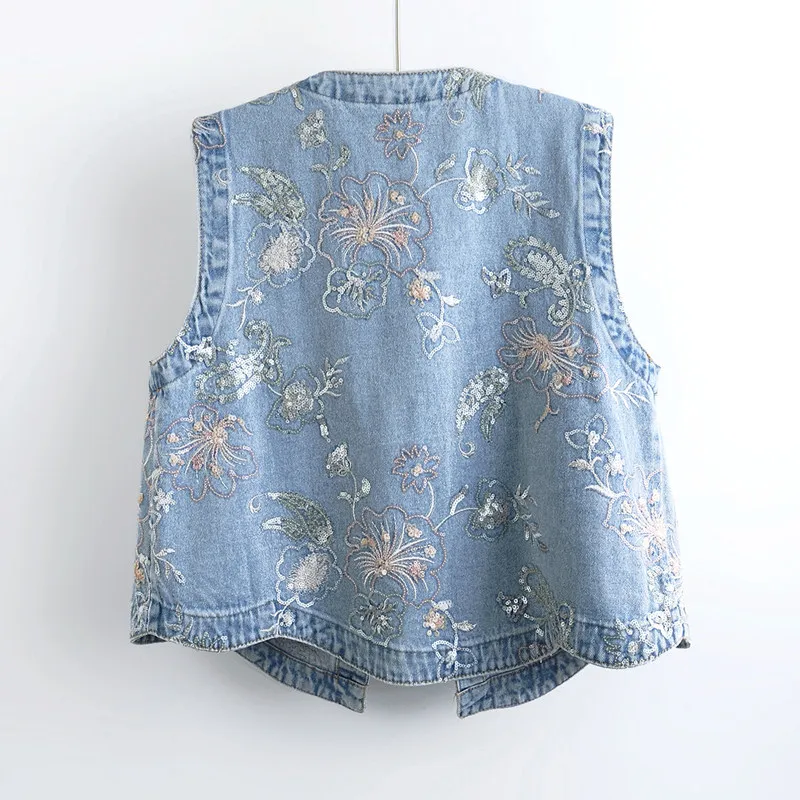 Vintage Sequins Embroidery Flowers Short Denim Vest Summer New Round Neck Single-Breasted Sleeveless Female Slim Jeans Waistcoat