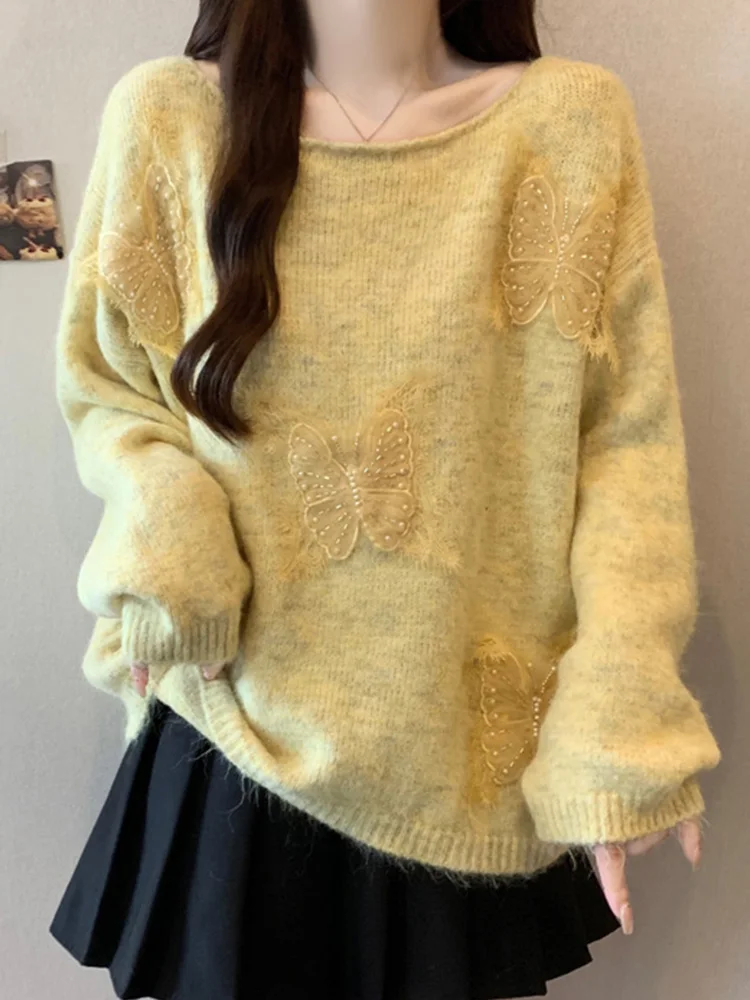 Sweater Kupu-kupu Lucu Manis Wanita O Neck Gaya Preppy Chic Rajutan Pullover Kasual Lengan Panjang Longgar Elegan Jumper Wanita Musim Gugur