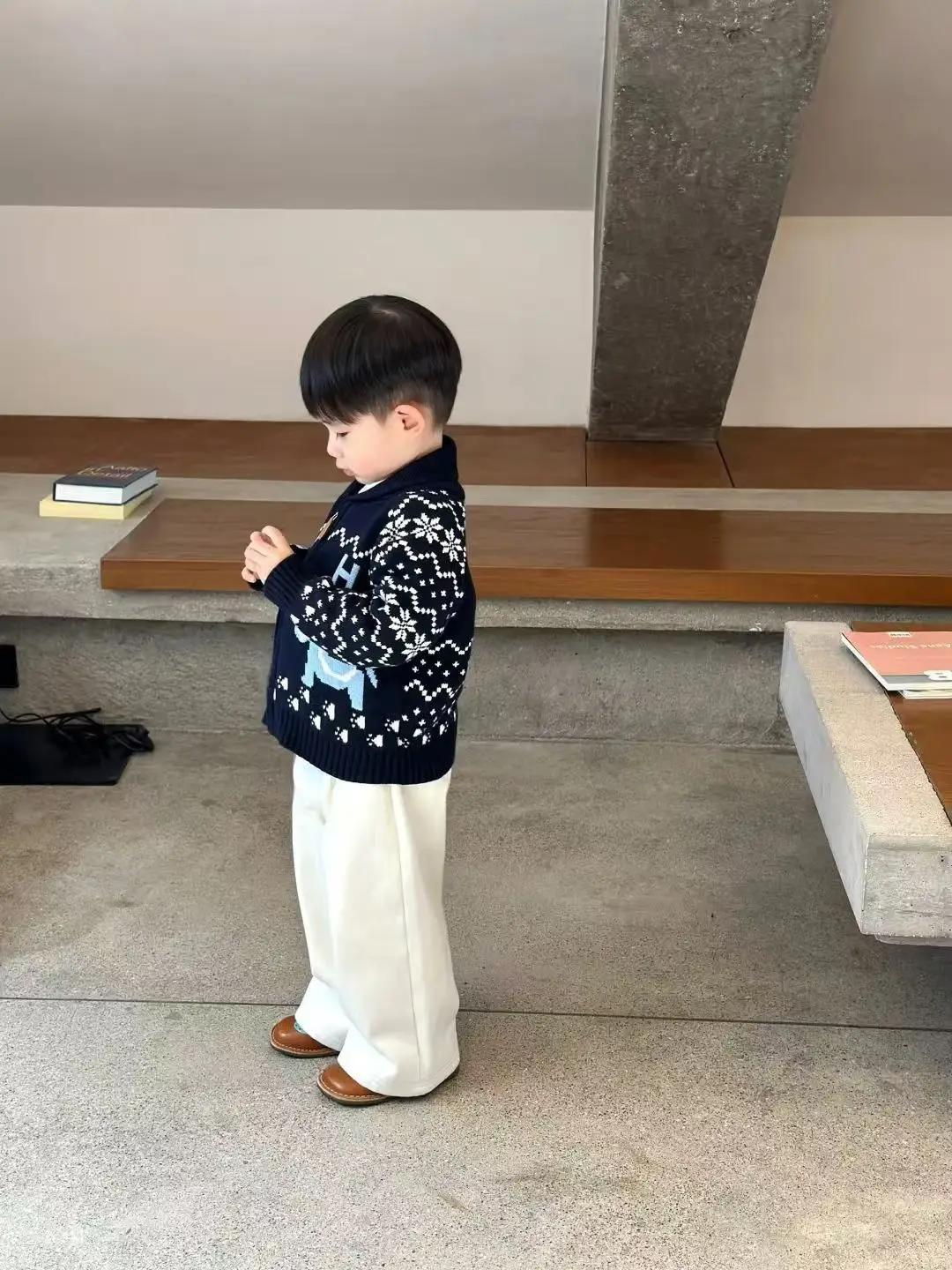 Children's Clothing 2026 Autumn And Winter New Boys' Fair Isle Zipper Thick Sweater Casual Wide Leg Pants Set Trendy