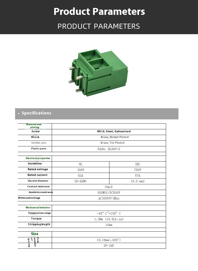 10Pcs Screw Type PCB Terminal Block 135T-10.16mm Copper Block Can Be Spliced with 2-24P High Current