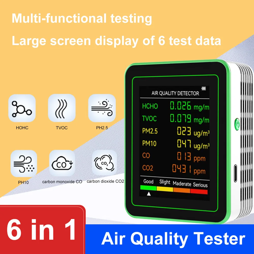 

6 In 1 Air Quality Monitor Accurate Carbon Dioxide TVOC HCHO Detector Multifunctional PM2.5 PM10 HCHO TVOC CO2 CO Meter