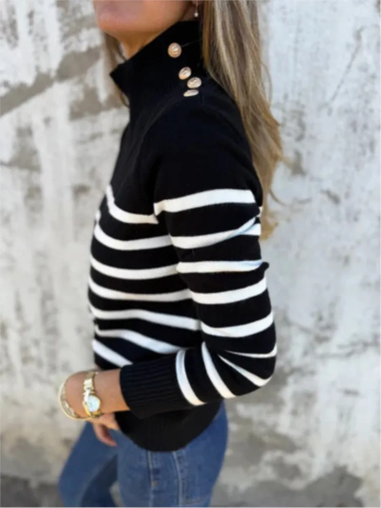 Autumn Winter New Knitted Striped Loose Sweater Women's High Collar Overhead Shoulder Button Sweater Female Fashion Pullover