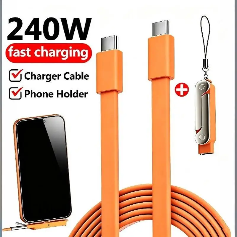 240W 2-in-1 Black/Orange Fast Charging Foldable Bracket Data Cable Type-C To Type-C Data Wire With Phone Tablet Stand Adapter