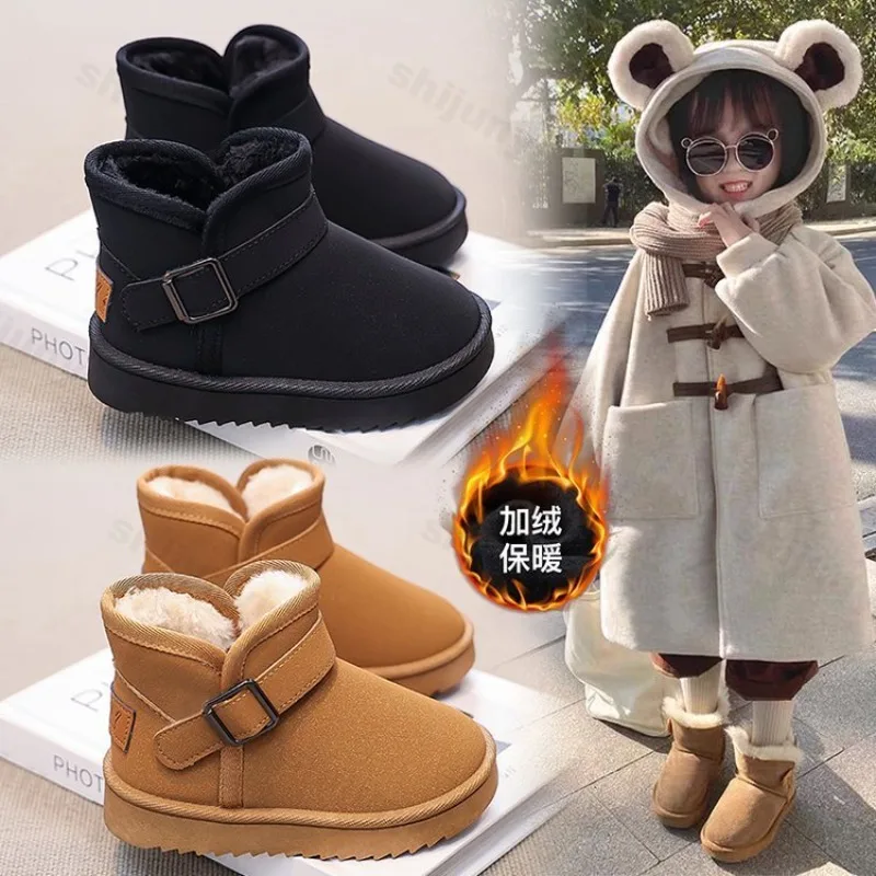 

Детские зимние сапоги, коллекция 2024, зимние меховые хлопковые сапоги, теплые уличные детские модные плюшевые нескользящие ботильоны, обувь принцессы для девочек