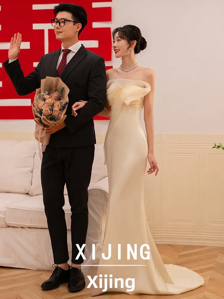 

Elegant Satin Bridal Gown Strapless Fish Tail Wedding Dress Simple Style for Engagement And Return Home Ceremony