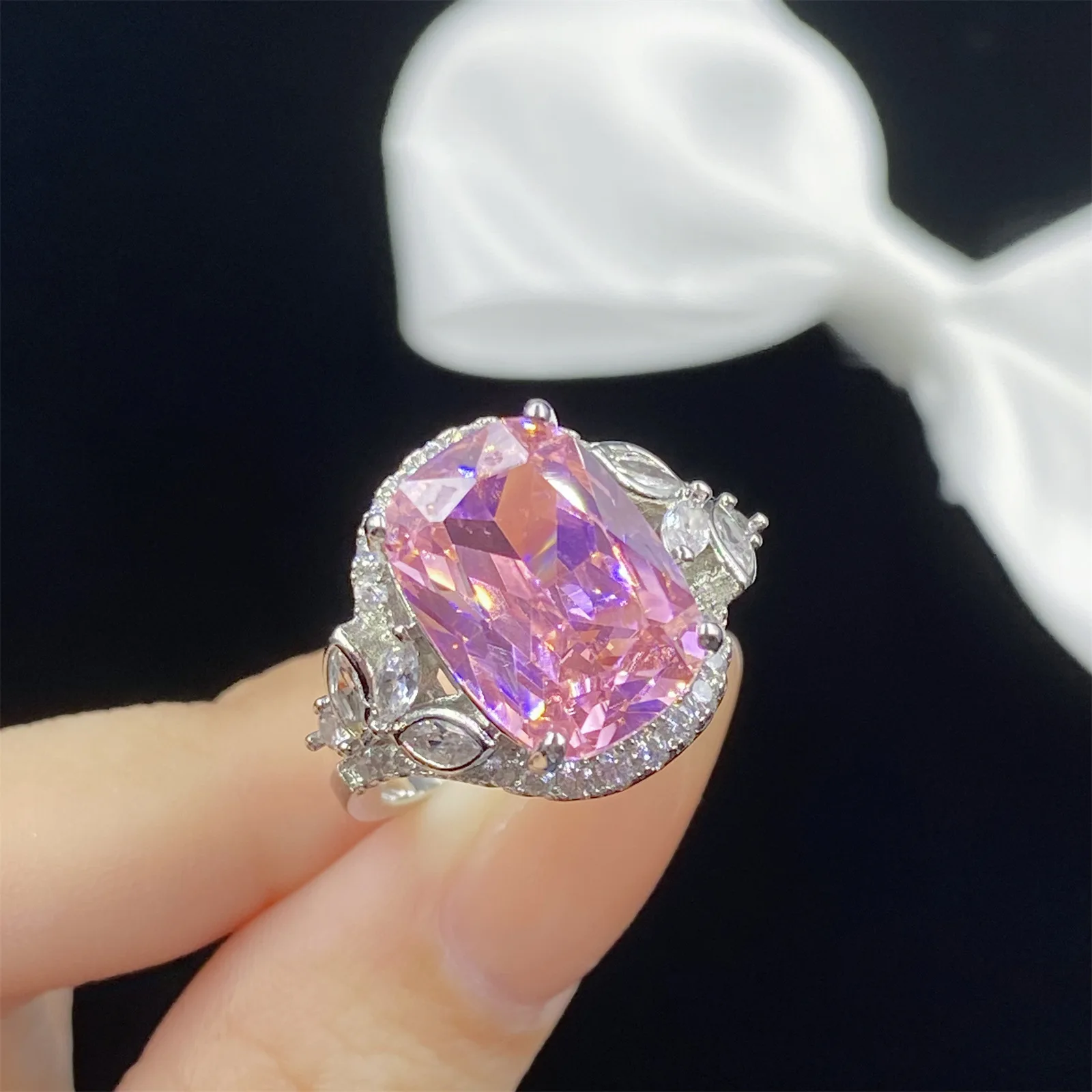 Women's Luxury Pink 925 Silver Zircon Statement Necklace Ring Earring Set