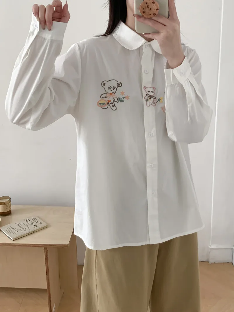 New 2025 Autumn Cotton Long Sleeve Shirt, Women Turn-down Collar Embroidery, Mori Girl Cute Age Reduction Loose Blouse T57422CC