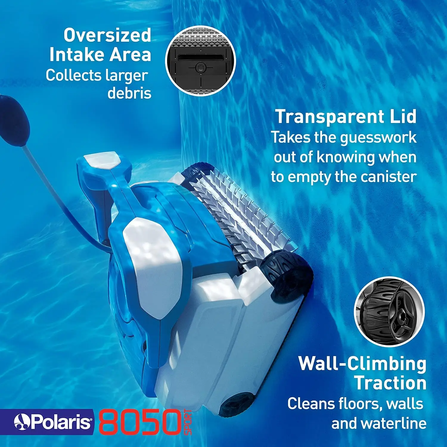 

Polaris 8050 Sport Robotic Pool Cleaner, Automatic Vacuum for InGround Pools up to 40ft, Wall Climbing Vac w/ Strong Suction