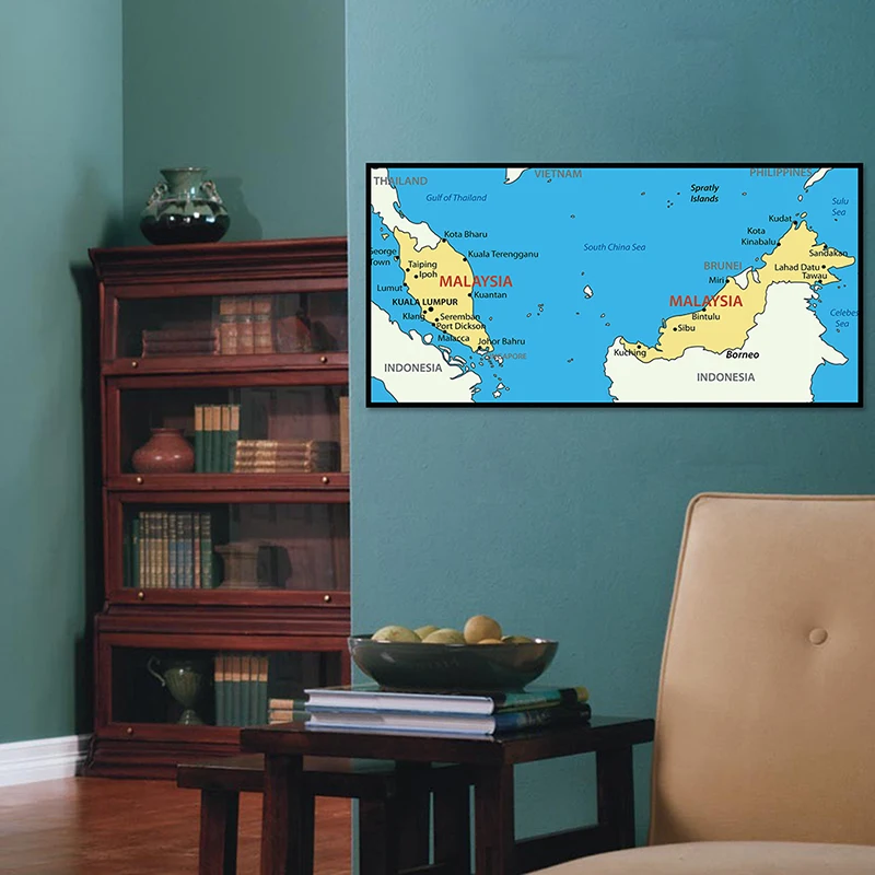 120x60cm, mapa de la Administración de Malasia, lienzo no tejido, pintura de pared, póster decorativo e impresión, decoración del hogar, suministros escolares