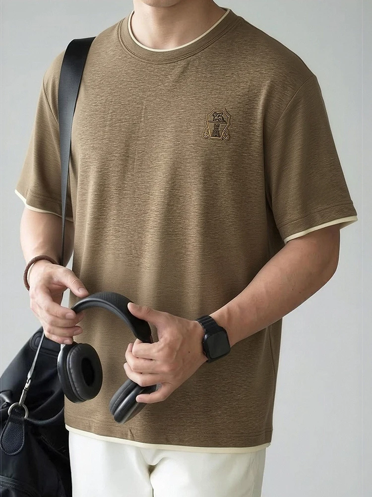  Lightweight Modal Short Sleeve T-Shirt Men's Summer Thin Loose Embroidered Badge Soft Skin-Friendly Casual Top