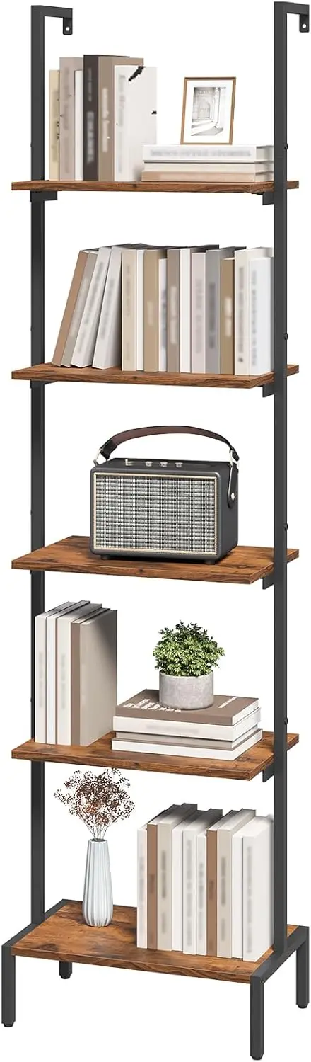 

5-ярусная лестничная полка с настенным креплением, прочная промышленная стеллажная система для хранения для гостиной, офиса, спальни в деревенском стиле (коричневый и черный)