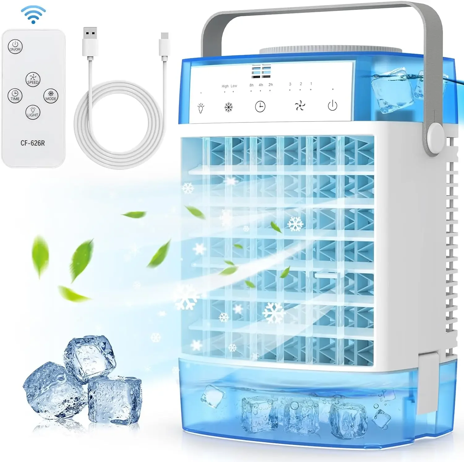 AC Remote kontrol 4-IN-1 dengan pendingin evaporasi tangki ganda 1600ml, Unit AC Mini pribadi dengan 7 lampu warna