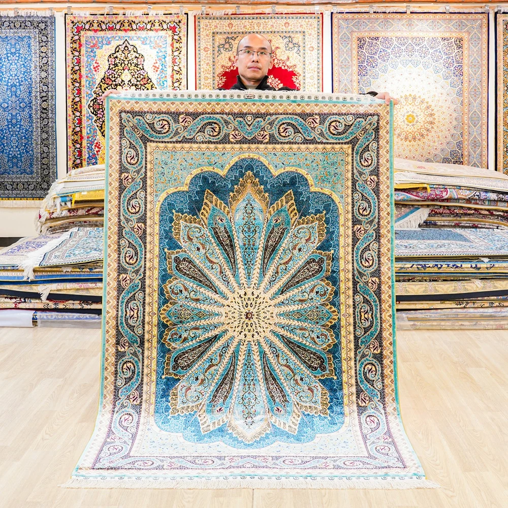 122x183cm Handmade Isfahan Carpet Green Hand Knotted Silk Rug Turkish Design