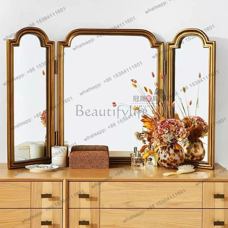 LS retro bedroom dresser desktop tri-fold mirror French porch wall-mounted three-sided decorative mirror