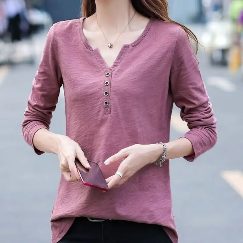 

Autumn and Winter New Loose V-neck Female Clothing Button Tee Shirt Long Sleeve T-shirt Women's Large Pullover Fashion Tops