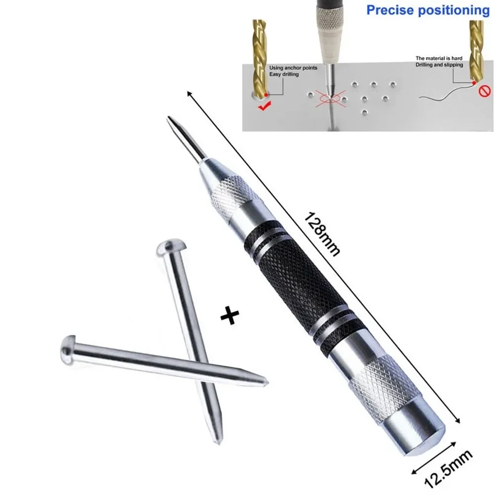 Automatic Center Punch With 2 Pcs Spare Punch Black Silver Dot Punch Spring Loaded Tool Adjustable Woodworking