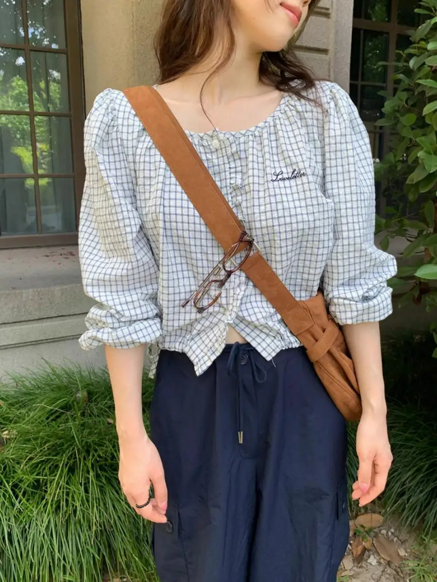 

Retro Waist Exposure Bubble Sve Square Collar ort irt Women's Dstring Cord Plaid East Gate Qui very Cotton Blend