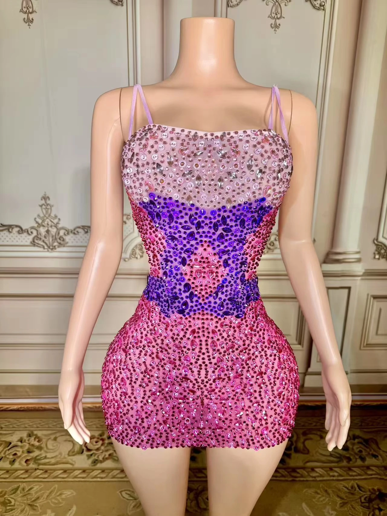 

ZD New Luxury Crystal Rhinestone Night Club Dress for Women Hollow Out Sexy Party Birthday Festival Out