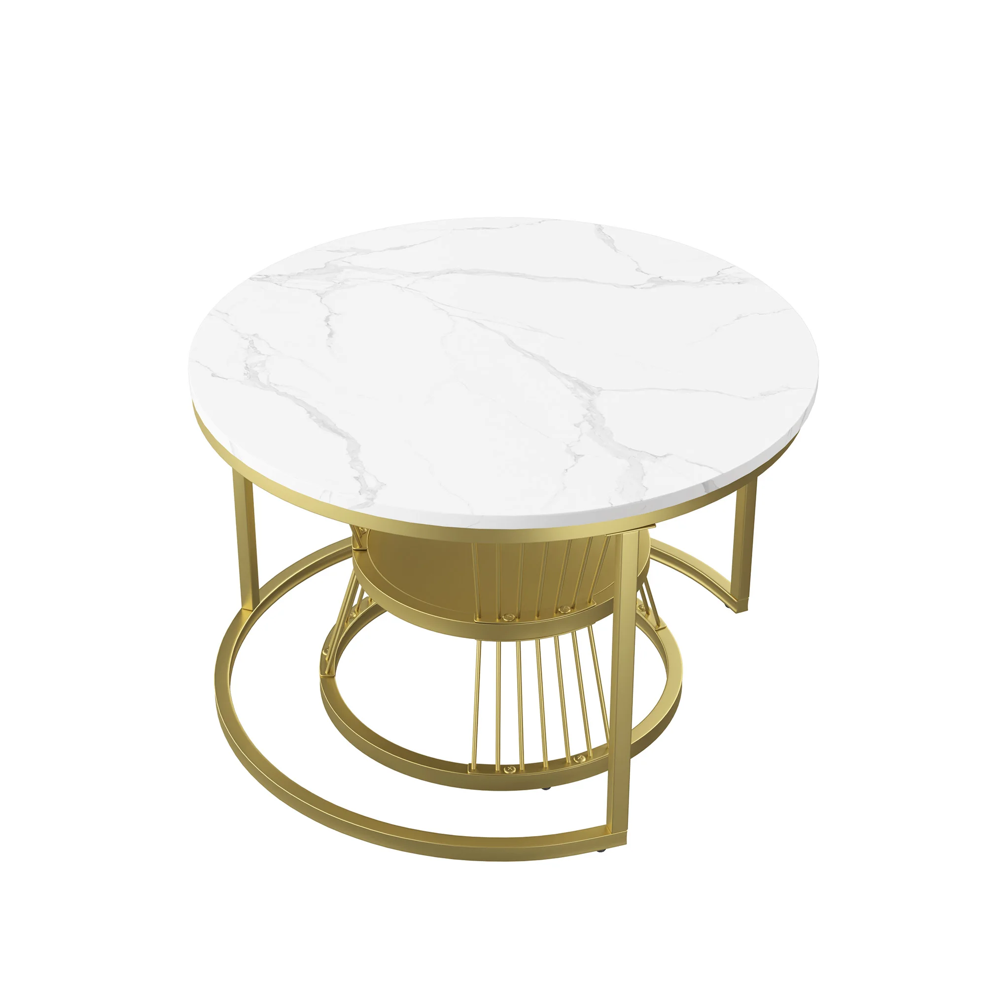 Okrągły stolik kawowy, zestaw 2 sztuk, drewniany stolik kawowy, nowoczesny zestaw stolików bocznych z metalową ramą do salonu, balkonu, biura