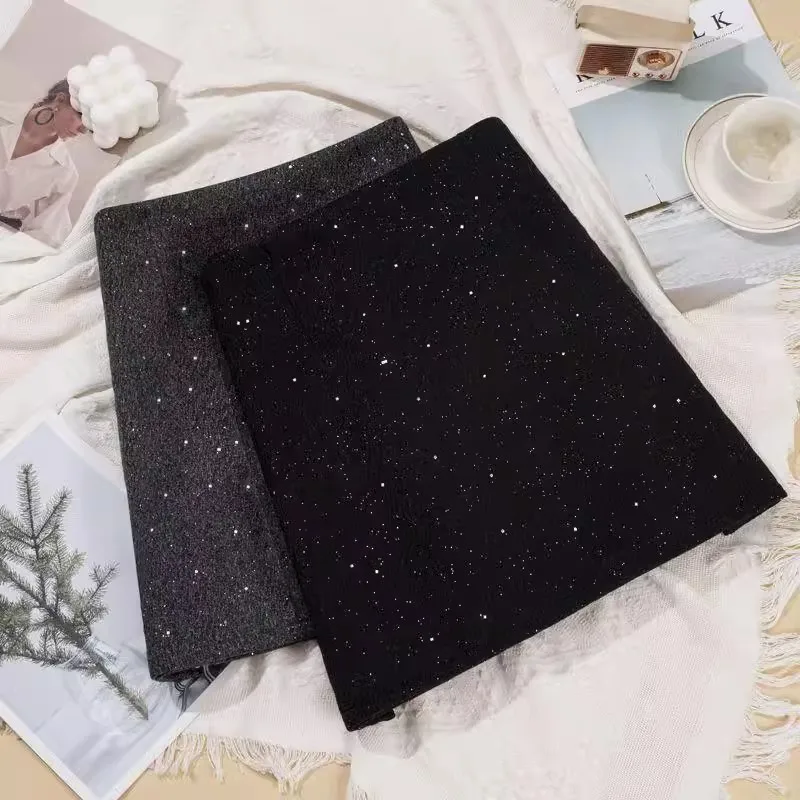 

Shiny Sequin Woolen High Waist A-Line Skirt Women's Fashion Autumn Winter New Style Versatile Half-length Skirt