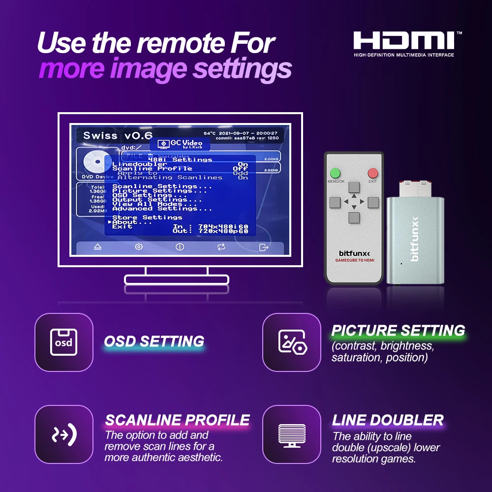 Bitfunx GC Vídeo HDMI ™ Adaptador Digital AV a HDMI ™ GC2HD para consola de juegos Nintendo Gamecube NGC DOL-001