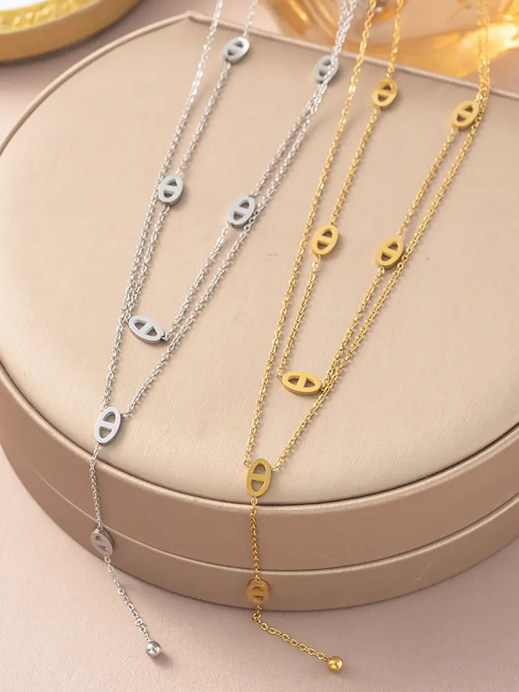 Premium 316L Edelstahl Lange Halskette Trendiger Schweinenasen-Stil Y-Form Anhänger Wasserdichte Halskette für Frauen Mädchen Schmuck – Detail 6