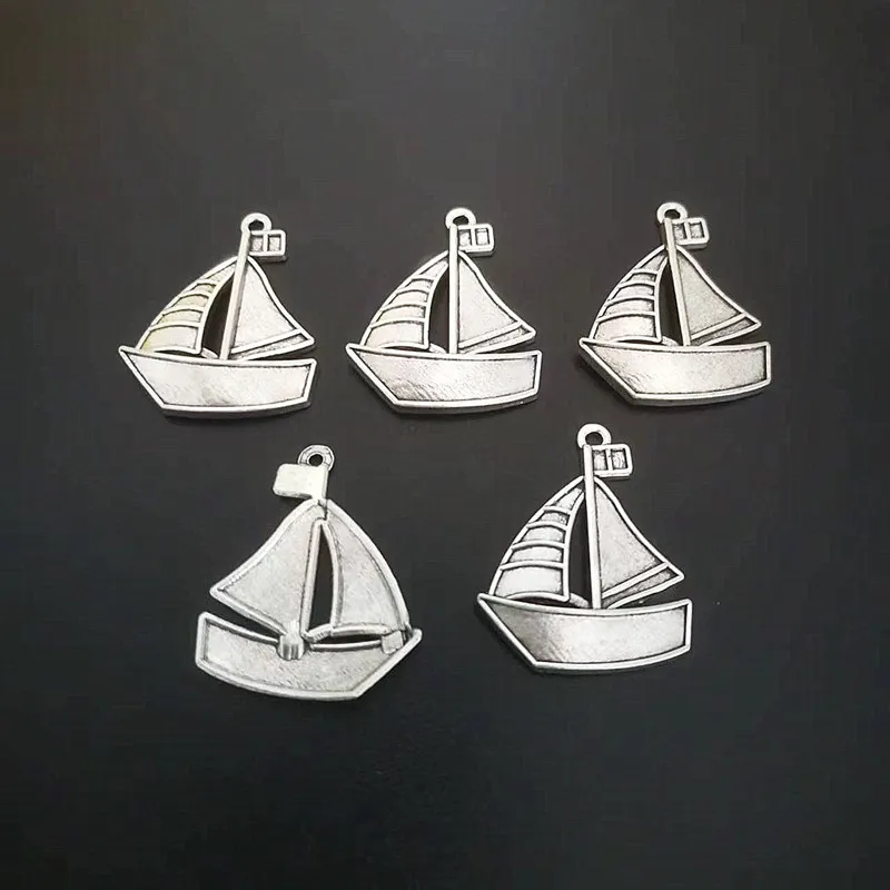 6pcs Sail Boat Charms, Silver Tone Pirate Ship Charms Pendants 26x31mm