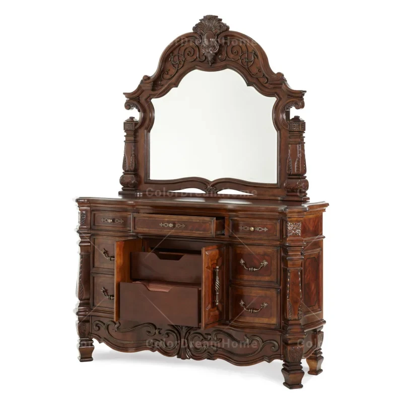 custom.Antique Design Bedroom Furniture Classic America Style Bedroom Decor Handmade Solid Wood Carved Dresser with Mirror view 4