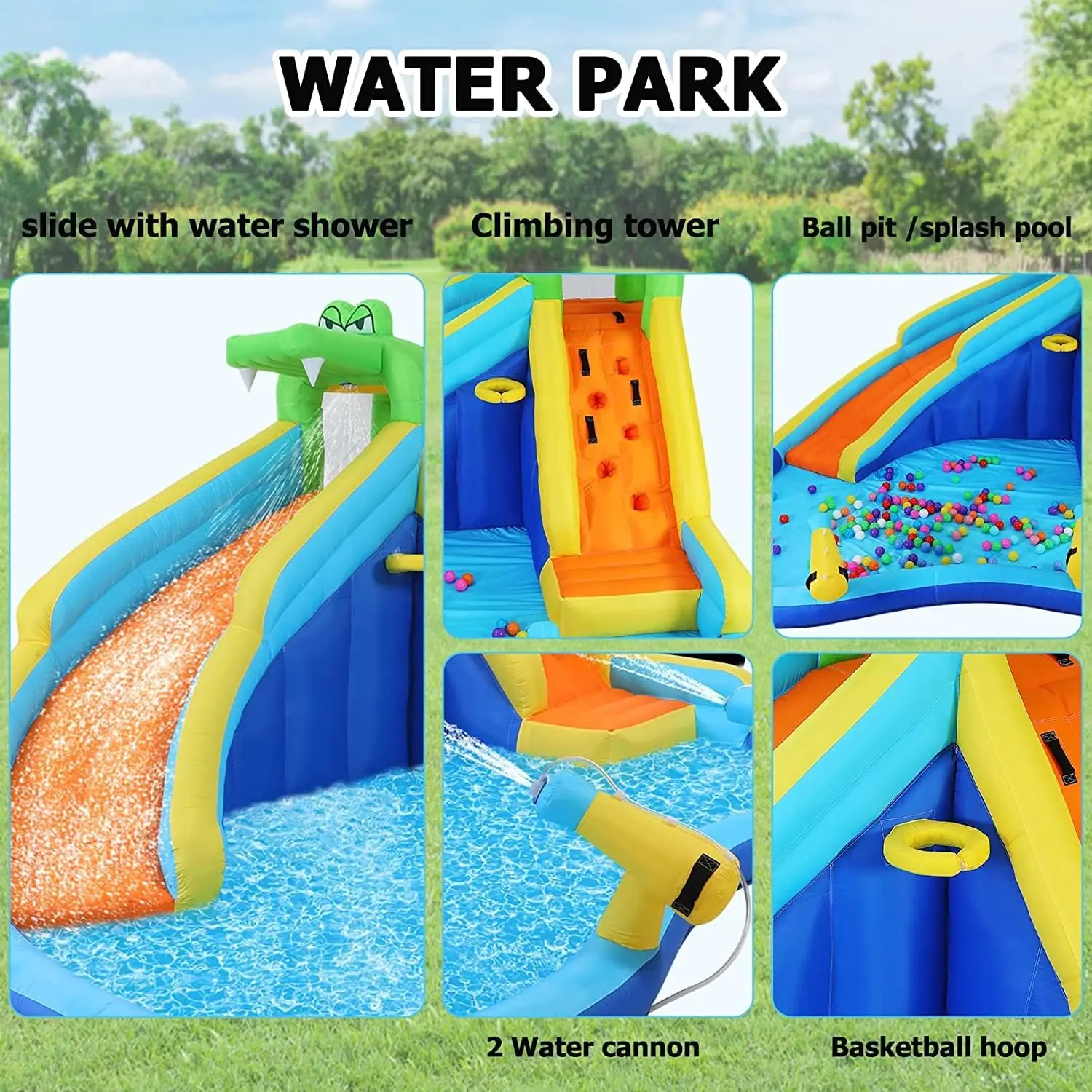Corrediça de água inflável, parque aquático inflável ao ar livre 8 em 1 com escalada, aro de basquete, piscina de respingo, canhão de água, explosão W