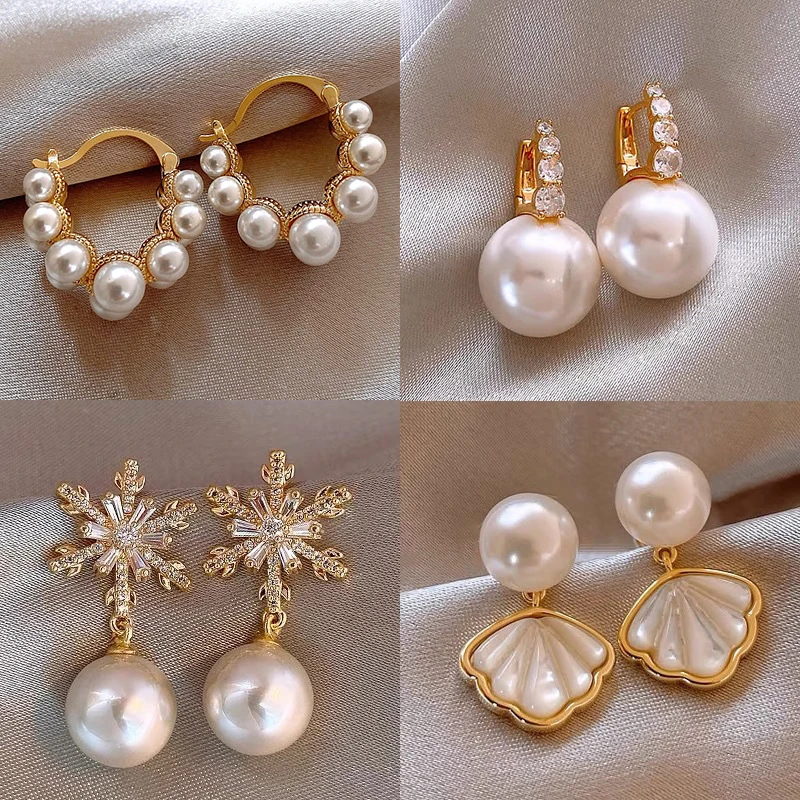 

Simulated Pearls Fans Dragon Shell Dangle Earrings with Silver Hooks for Women Girls Vintage Fashion Trendy Jewelry Gift