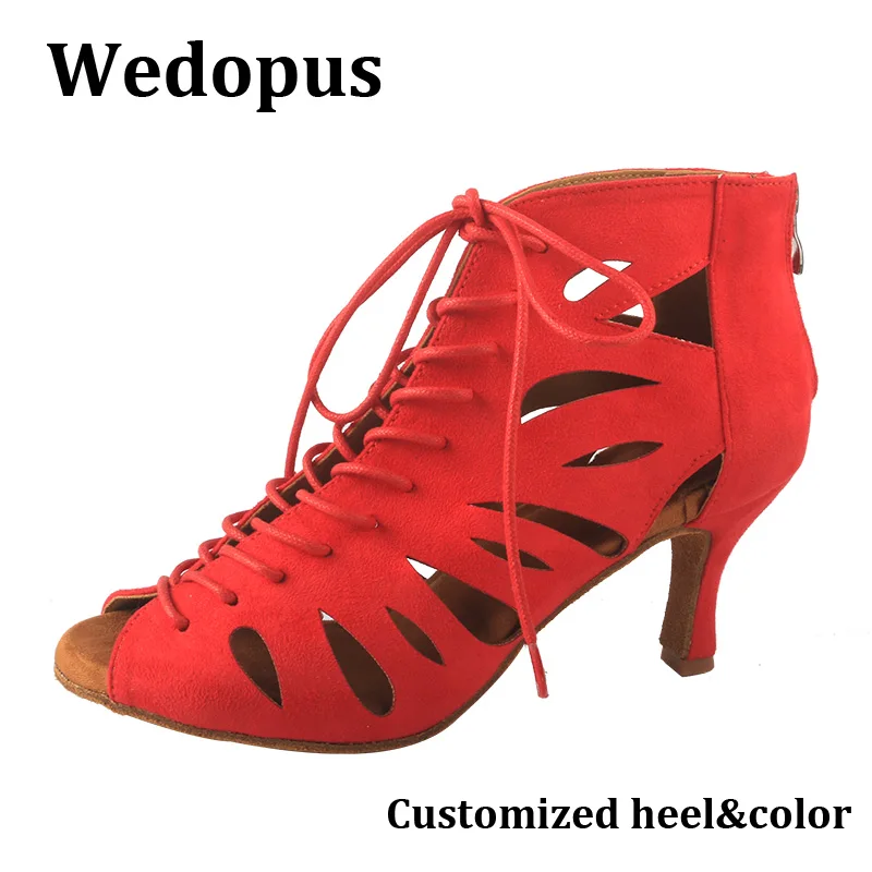 

Wedopus Red Heels Dance Shoes High Heels 7.5CM Suede Soles Dance Boots Lace-up Peep Toe Women Dancing Shoes Boots with Zip