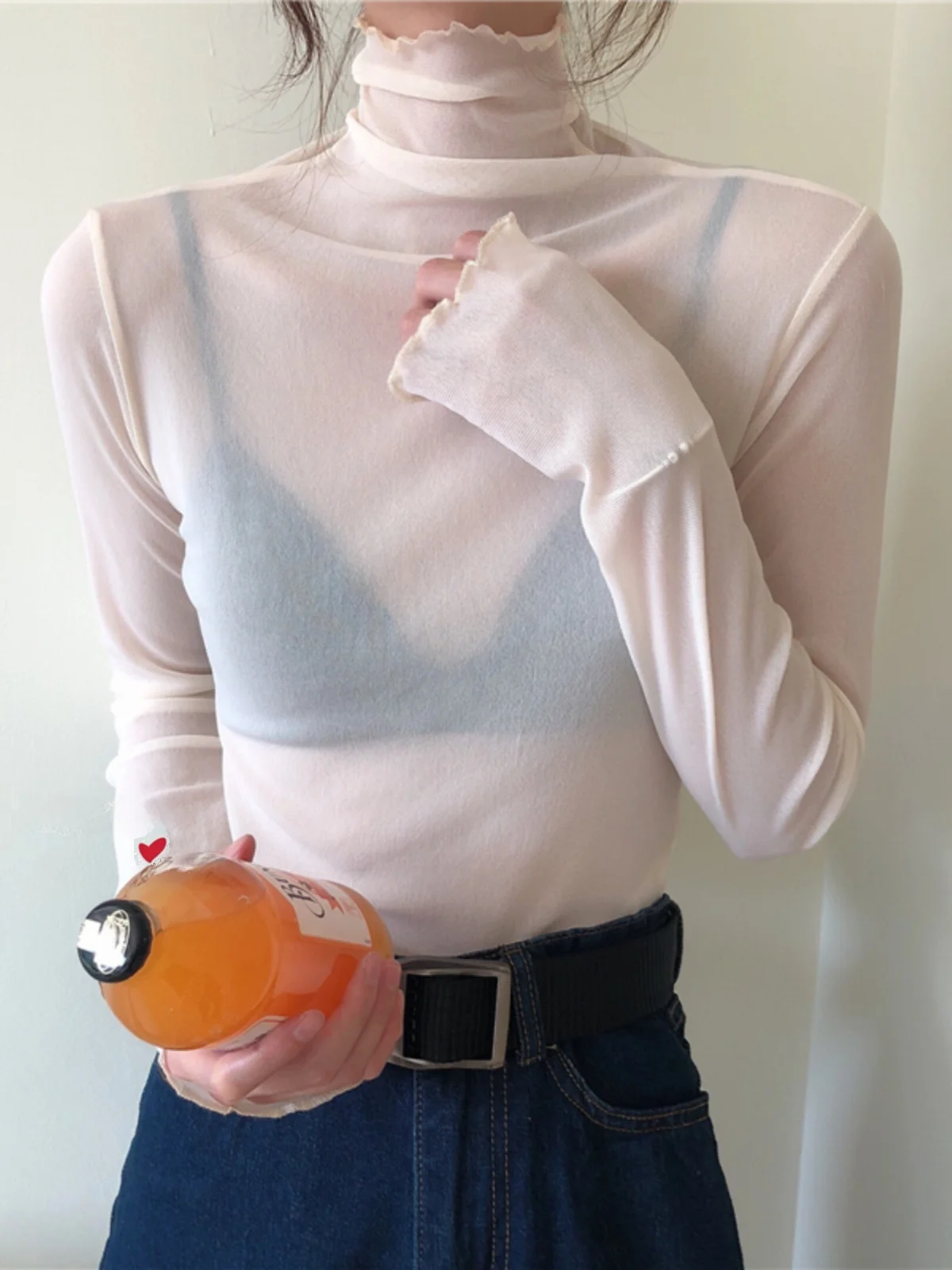 

Стильная женская базовая футболка с высоким воротником и длинным рукавом, прозрачный дизайн, корейский стиль, весенне-осенний модный топ