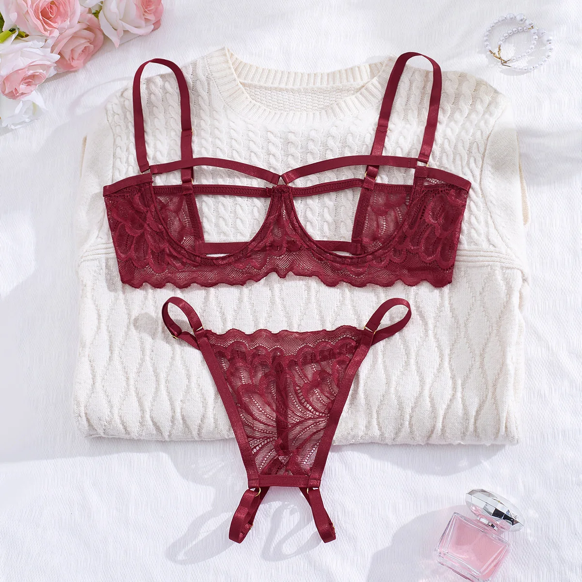 

2025 Hot Selling Strap Perspective Sexy Temptation Underwear Strap Open Gear Non Detachable Two Piece Set