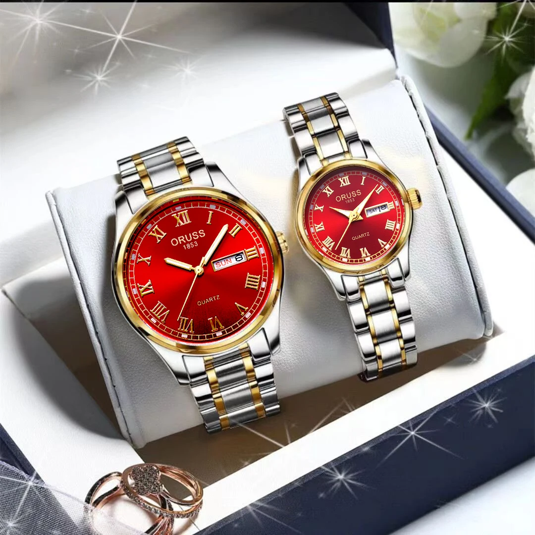 New couple watch Upscale Romantic fashion double calendar simple watch Retro Chinese red durable durable pair of watches