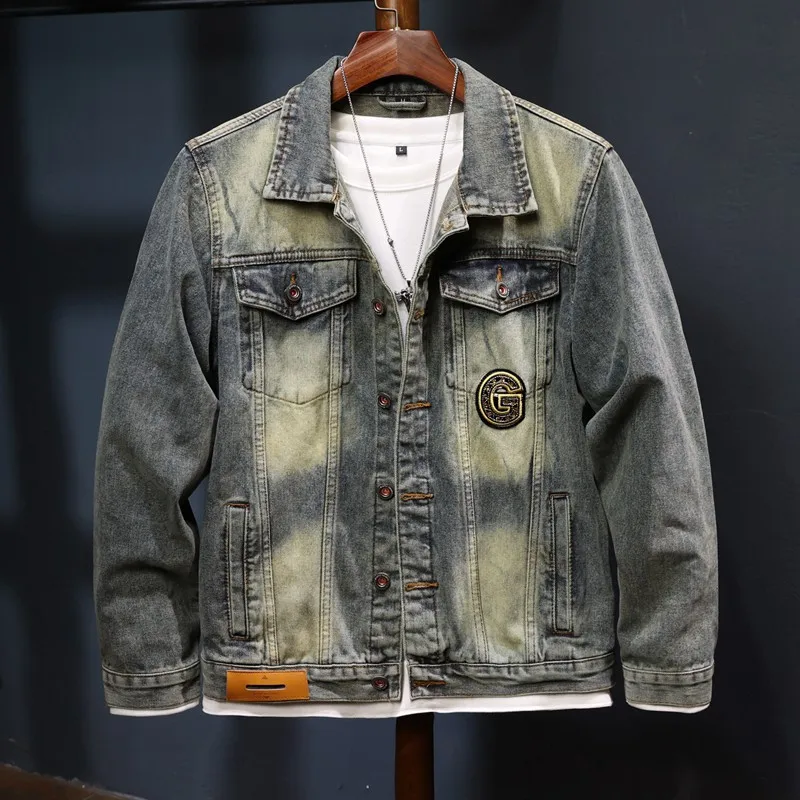 Fashion Nostalgic Denim Jacket Men's Retro Classic Wings Sequin Design Trendy Casual Menswear Motorcycle Jacket ﻿