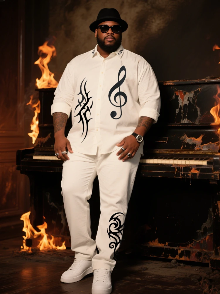 

S-9XL Big and Tall Men Music Note & Tribal Print White Shirt & Pants 2-Piece Set Streetwear