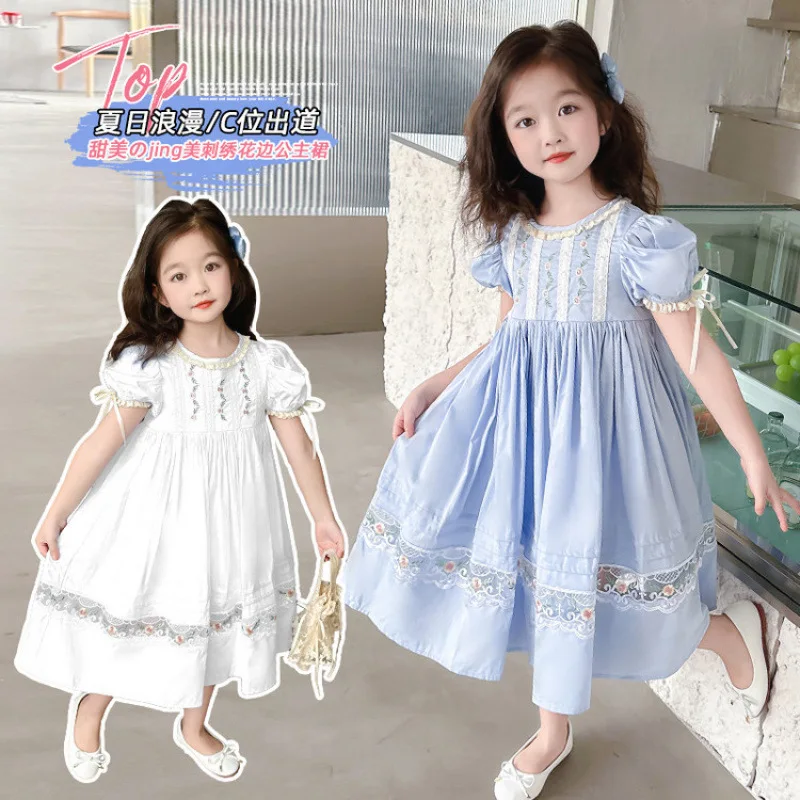 

Летнее платье для девочек в стиле принцессы, детское хлопковое платье с коротким рукавом в деревенском стиле, платье для маленьких девочек с кружевными пышными рукавами