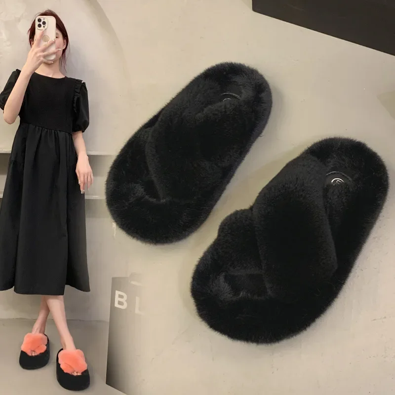 Thick Soled Woolen Slippers for Women's Outerwear 2023 New Autumn and Winter Fashion Woolen Cotton Slippers