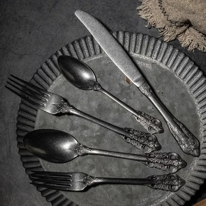 Steak Cutlery Set European Carving Palace Style Tableware Knife Fork Spoon Set Embossed Dessert Utensil Dinner Set