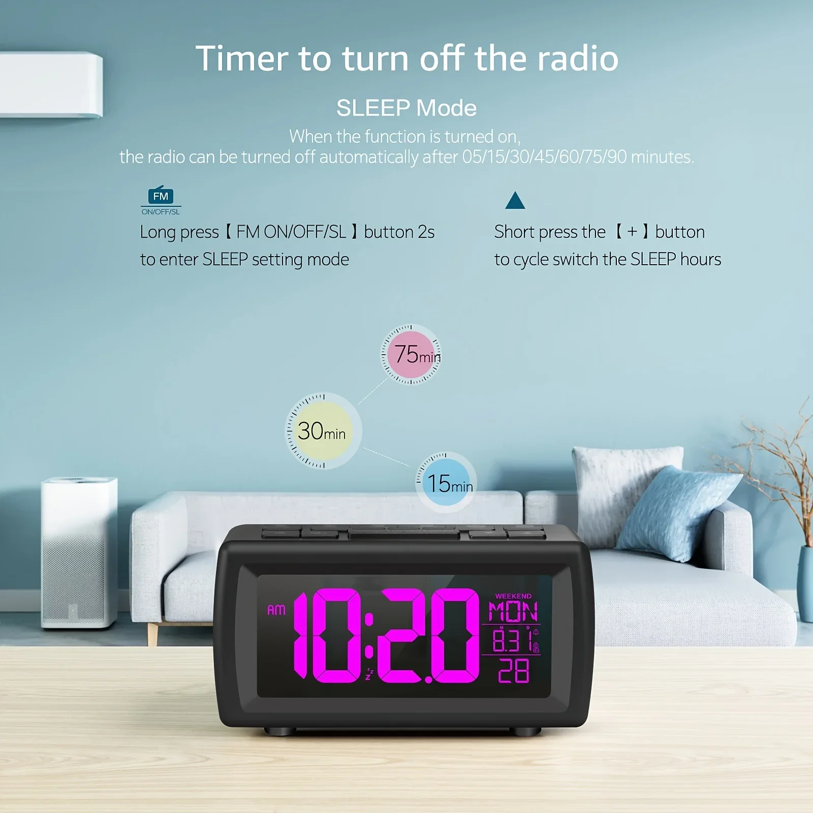Digital FM Alarm Clock Radio with USB Charging Port Ultra-Clear VA Screen 7 Color Modes Adjustable Volume Sleep Timer Alarm