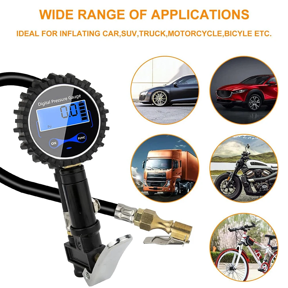 Aluminum Alloy Air Line Clip-on Tyre Pump Inflation Monitoring Manometer LCD Digital Universal Tire Pressure Inflator Gauge