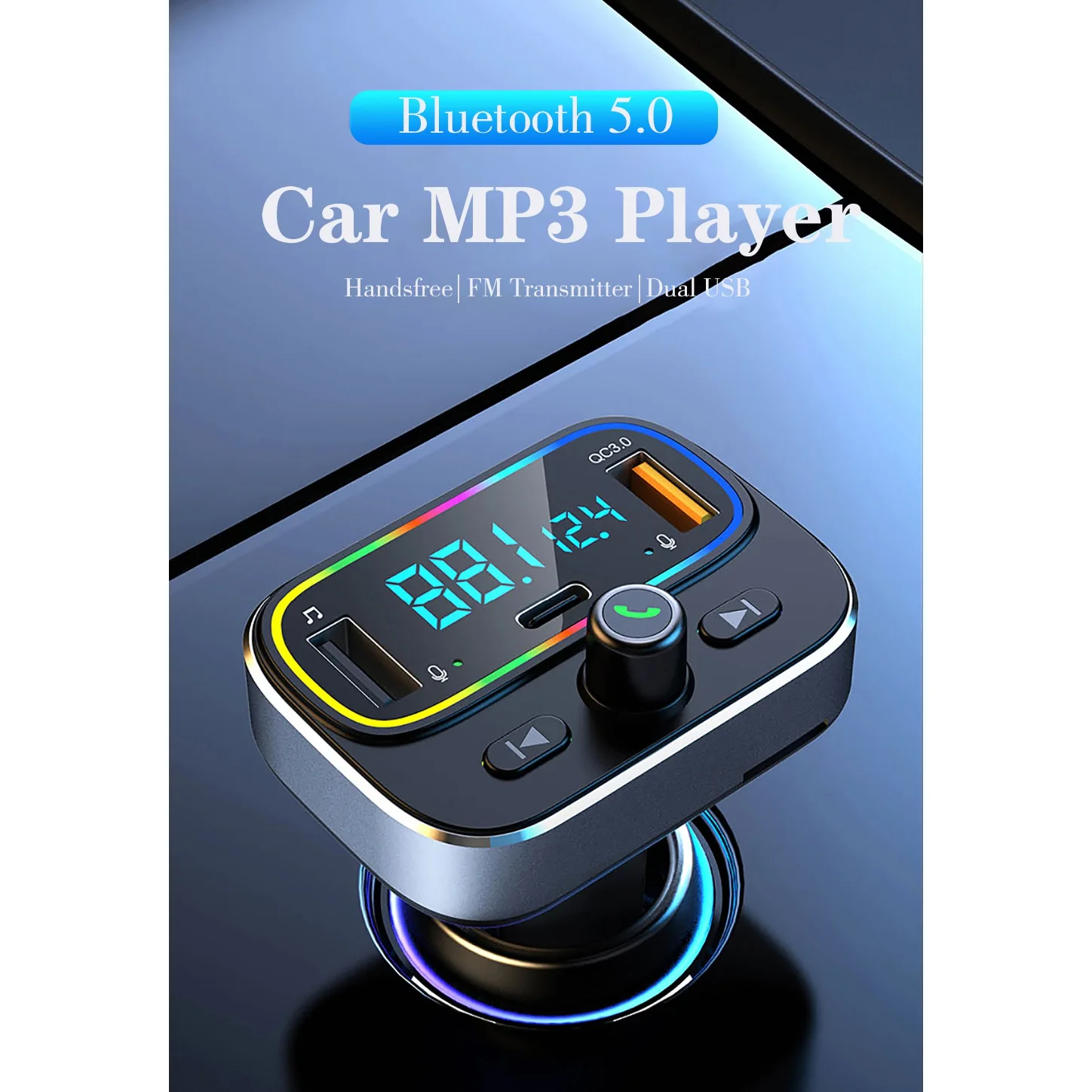 BT66 Car FM Transmitter Bluetooth 5.0 MP3 Audio Player QC3.0 Dual USB+PD Fast Charger Wireless Handsfree Car Kit Adapter