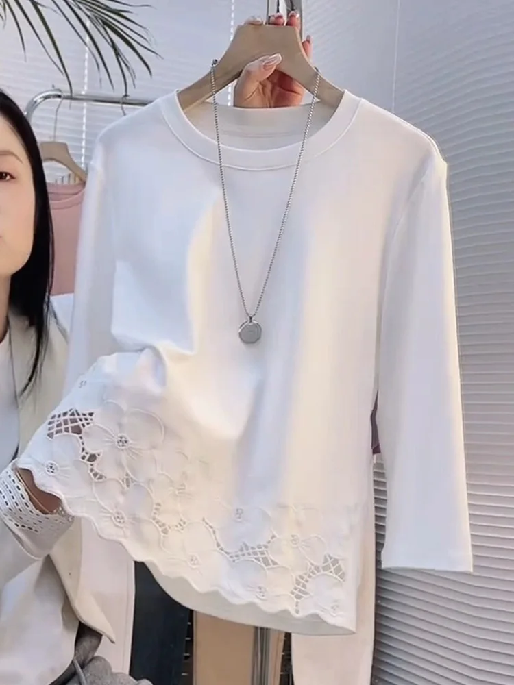   Koronkowa bluzka z okrągłym dekoltem, luźna, w stylu casual, wersja koreańska, z jedwabiu, na wiosnę i lato.