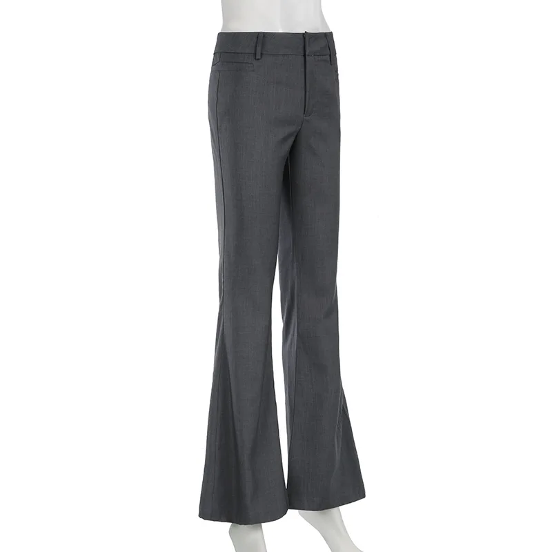 Lucyever Grey Low Waisted Flared Pants Female Y2K High Street Retro Wide Leg Trousers Fashion Slim Pocket Office Lady Suit Pants