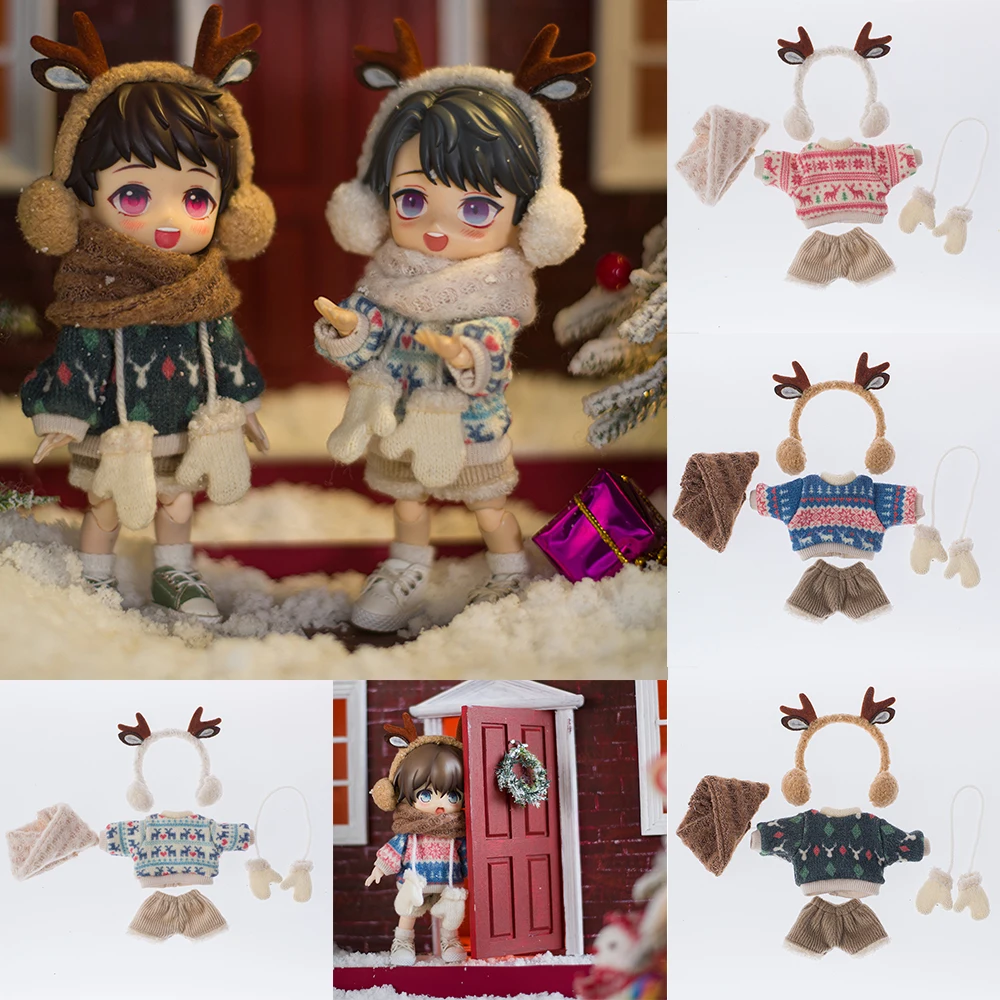 OB11 Doll Clothes Christmas Deer Earmuffs Knitted Printed Sweater Shorts Plush Scarves Gloves New Year Suit For GSC YMY P9 Molly