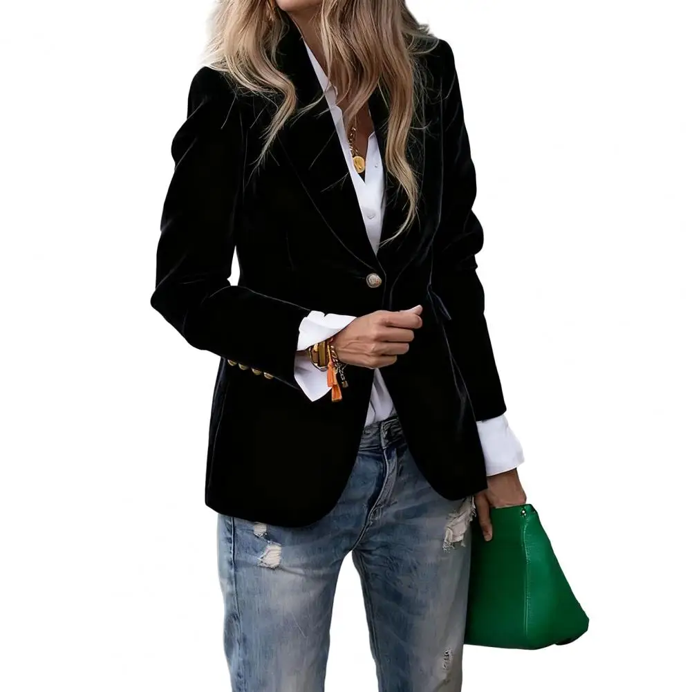 Golden Velvet Blazer Suit Coat Lapel Long Sleeve Single Button Suit Jacket with Flap Pockets Slim 3D Tailoring Outerwear