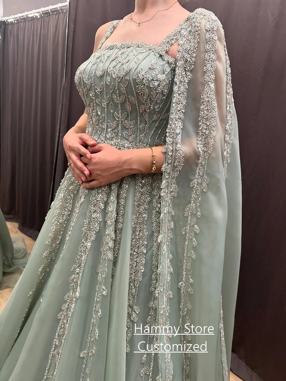 Elegant Formal Evening Dress for Woman Customized Square Neck Sleeveless Beading Sequined A Line Prom Gown with Cape image 2