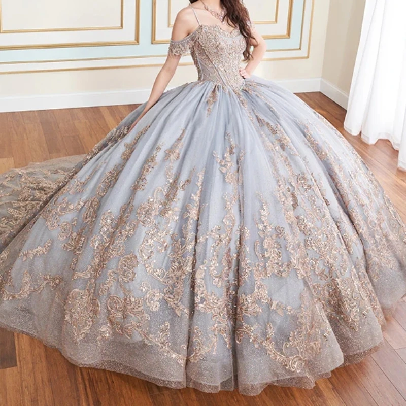 Blue Grey Shiny Quinceanera Dresses Ball Gown Off The Shoulder Applique Lace Beads Tull Party Birthday Sweet 16 Vestidos 15 De
