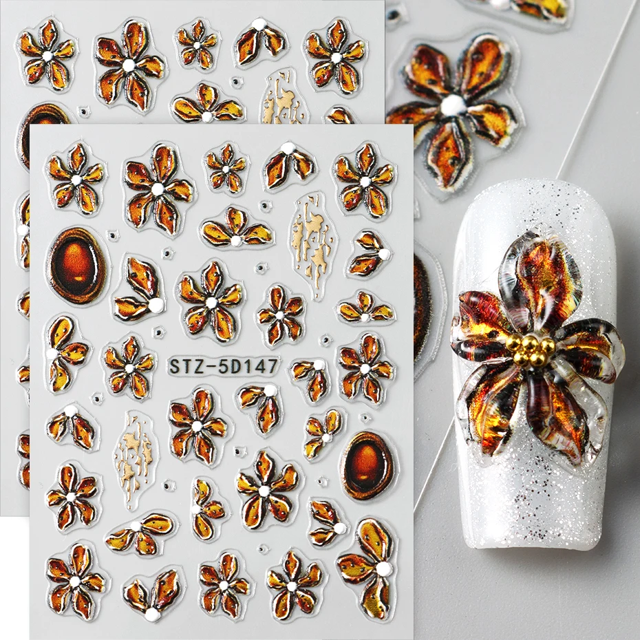 2 pçs flor marrom arte do prego adesivos 3d floral encantos decalque do prego auto-adesivo sliders folha outono decorações da arte do prego manicure