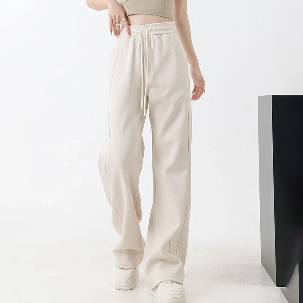 بنطال رياضي كاجوال مستقيم الساق عالي الخصر ملابس يومية غير رسمية قماش مرن صغير نمط لون سادة ملابس متعددة الاستخدامات